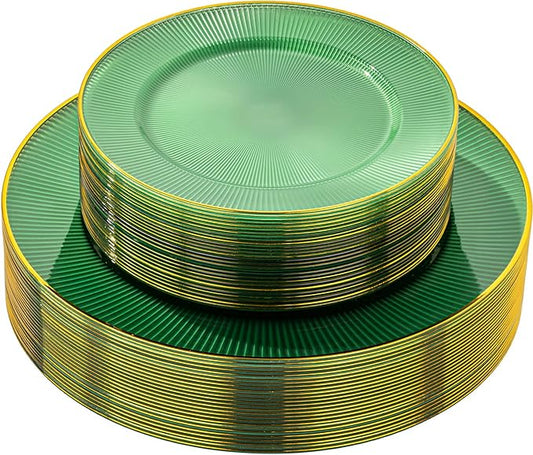 Hioasis 60pcs Green and Gold Plastic Plates - Green Disposable Dinnerware Set, 30pcs Dinner 10.25in & 30pcs Dessert 7.5in Plates with Striped Designs for Party & St. Patrick's Day