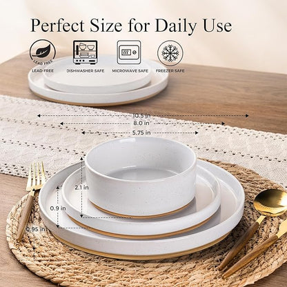 AmorArc Ceramic Dinnerware Set for 4 | Speckled Stoneware Plates and Bowls with unglazed terracotta | Scratch Resistant, Dishwasher & Microwave Safe Dishes Sets- 12-Pcs Milk White