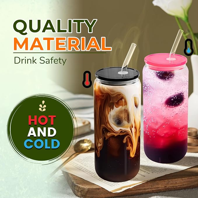 Joyclub 8pcs Glass Cups with Acrylic Lids and Straws 20 oz Drinking Glasses | - Image 5