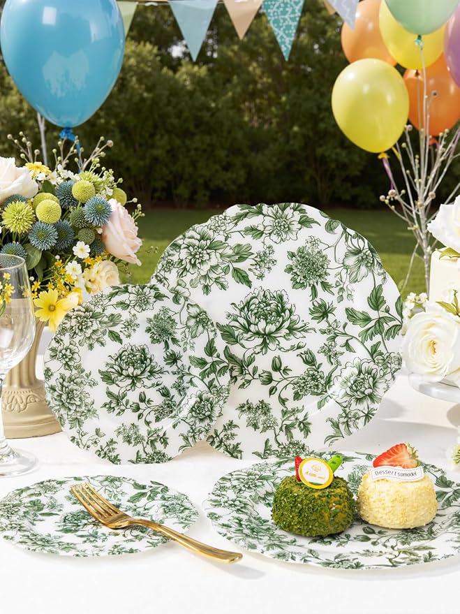 20PCS Green Plastic Plates Floral - Image 4