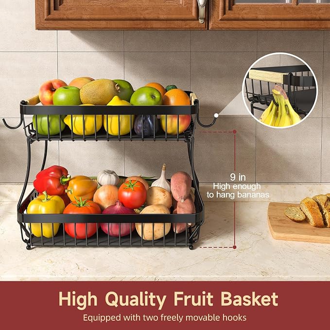3-Tier Fruit Basket with Banana Hangers, Detachable Metal Bowl | Wooden handle - Image 2