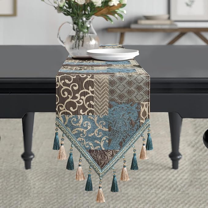 Loom and Mill Luxury Table Runner 90 Inches Long, Patchwork Chenille Damask by LoomandMill