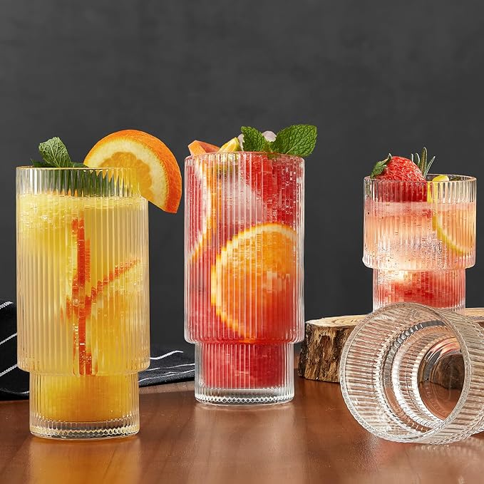 Qipecedm® 6 Pack Ribbed Drinking Glasses, 16 oz Vintage Glass Cups, Highball - Image 2