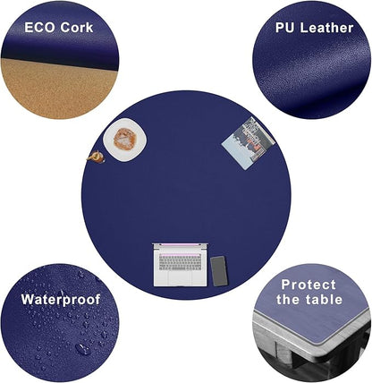 CENNBIE 42 Inches Round Table Pad- Cork & Leather Table Mat - Suitable as Side Dining Coffee Table Cover - Can Be Cut to Fit (30"-42", Blue)
