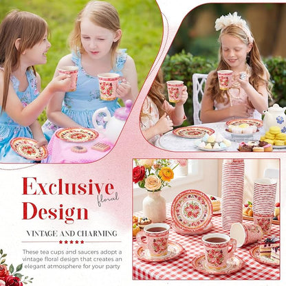 Nuogo 200 Pcs Floral Paper Tea Cups and Saucers 7 oz Disposable Paper Teacups - Image 4