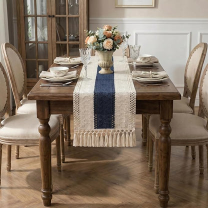 Boho Macrame Table Runner with Tassels 36in Blue Farmhouse Runner | Macrame - Image 4