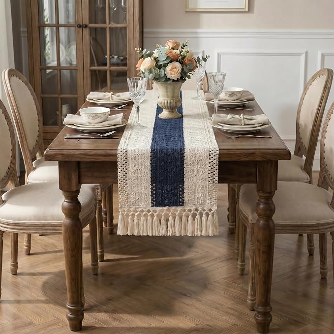 Boho Macrame Table Runner with Tassels 48in Blue Farmhouse Runner | Macrame - Image 4