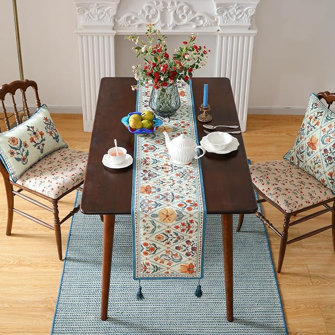 Designer French Linen Long Table Runner, Colorful Floral Pattern, Dining Table - Image 8