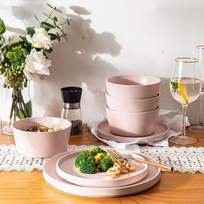 AmorArc Ceramic Dinnerware Sets for 4, Modern Flat Stoneware Plates and Bowls Sets,Chip and Crack Resistant | Dishwasher & Microwave Safe Dishes Set,Scratch Resistant- Service for 4 (12pc)-Matte Pink