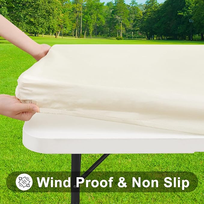 Smiry Rectangle Tablecloth, Elastic Fitted Flannel Backed Vinyl Tablecloths for 8ft Folding Tables, Waterproof Wipeable Table Covers for Indoor, Outdoor, Picnic and Camping (Beige, 36"x96")