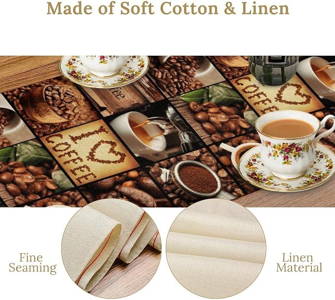 Coffee Theme Table Runner, Rustic Coffee Time Cafe Cup Latte Cappuccino Tea - Image 6