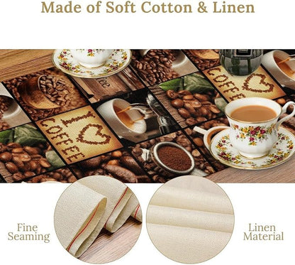 Coffee Theme Table Runner, Rustic Coffee Time Cafe Cup Latte Cappuccino Tea - Image 6