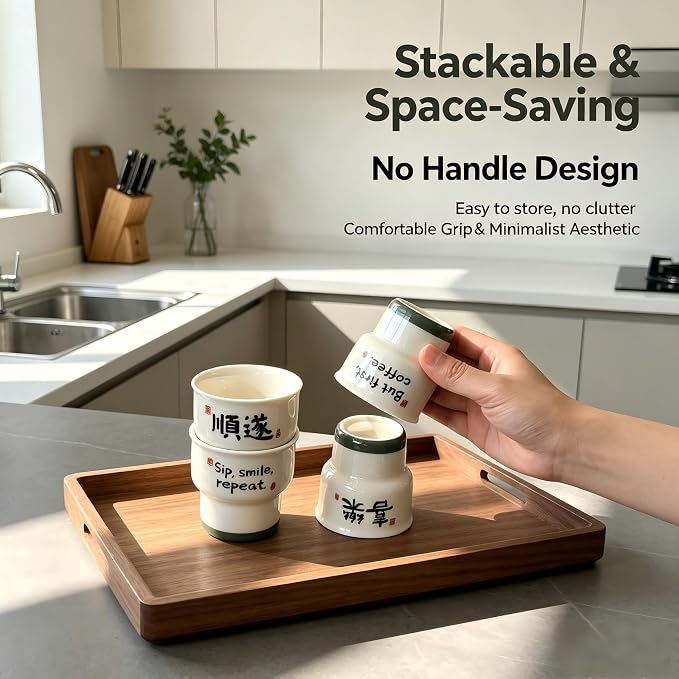 Ceramic Espresso Cups Set of 2, 3.52 OZ Handleless Demitasse Cups, Stackable - Image 4