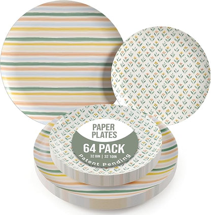 Trendables Heavy Duty Paper Plates Set For 32 Guests - 32 Each Of 8-inch And 10-inch Disposable Plates For Party - Fancy 64 Piece Dinnerware Set For All Occasions | Floral Design, Folk