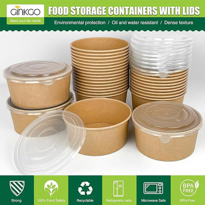 Ginkgo 30 oz Disposable Meal Prep Containers with Lids, Large Paper Bowls Bulk for Hot Soup, Food, Salad, Ice Cream, Dessert, Cereals, 60 Count