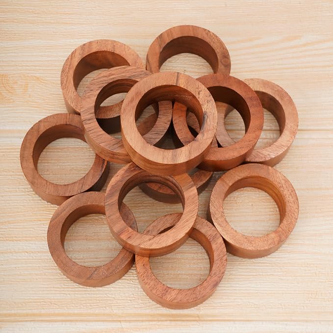 Acacia Wood Napkin Rings Set of 12 – Handmade Round Rustic Wooden Napkin Holders - Image 6