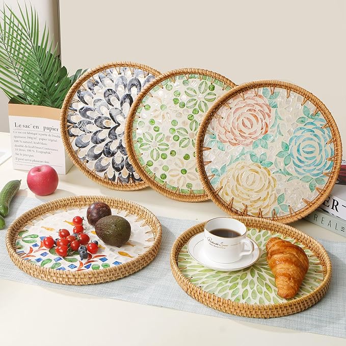 Round Rattan Tray with Mother of Pearl Inlay, Decorative Wicker Serving Tray - Image 6