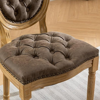 Ball & Cast French Vintage Upholstered Dining Chairs Set of 2, Button Tufted Kitchen Side-Chairs with Carved Antique Wood Frame & Nailhead Trims, PU-Leather Curved Backrest Louis Chair, PU Brown