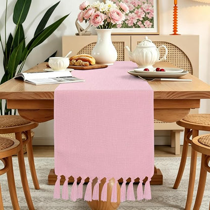 Pink Table Runner 72 Inches Long, Boho Woven Linen Farmhouse Dresser Table - Image 5