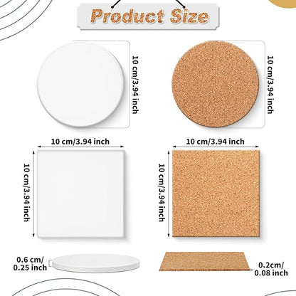 Zopeal 24 Pcs Ceramic Tiles for Crafts Coasters Include Unglazed White Ceramic Tiles with Cork Backing Pads Use with Alcohol Ink Acrylic Pouring for DIY Project Gift (Square,Round)