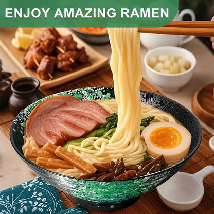 9.4Inch Ceramic Ramen Bowl Set of 4 (17 Piece) - Porcelain Japanese Salad Noodles Cereal Fruit Pasta Soup Large Bowls with Recipes Chopsticks Forks Spoons for Men Women Gift Microwave Dishwasher Safe