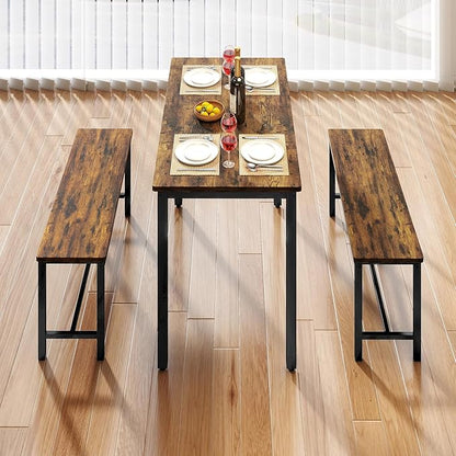Rovibek 43" Dining Table Set for 4, Modern Space Saving Kitchen Breakfast Table with Benches & Adjustable Feet, Wooden Industrial Style Farmhouse, Wood Tone