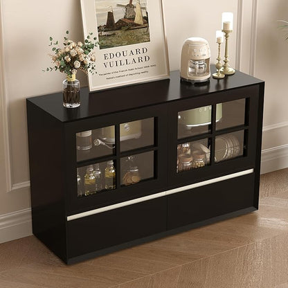 47.24" Solid Wood Storage Cabinet Organizer with Glass Doors & Drawers, Black Sideboard Buffet Cabinet for Living Room, Dining Room, Entryway, Kitchen & Home Office