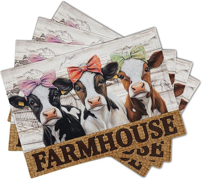 Cute Cow Farmhouse Placemats 4pcs, Farm Animal Tabletop Mat Rustic Style Non-Slip Washable Place Mats 12 x 18 Inch for Holiday Kitchen Dining Decor