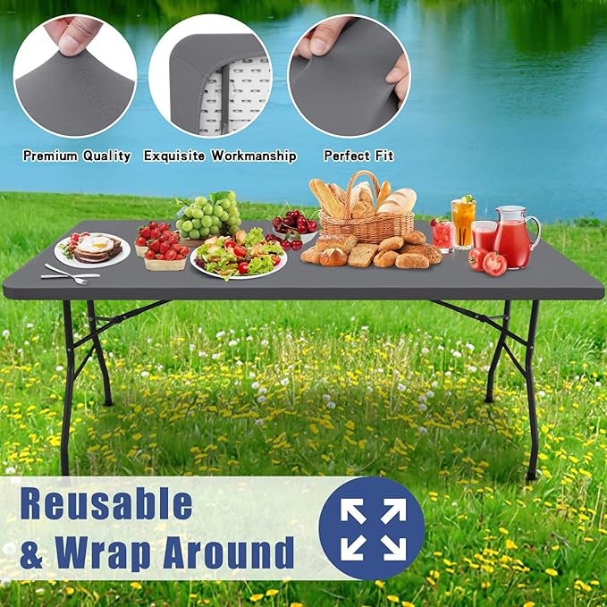 Spandex 8 Foot Rectangle Table Cloth 2 Pack, Elastic Fitted Tablecloths for Picnic, Stretch Washable Patio Table Cover for Outdoor, Camping, Banquet and Parties (Grey, 30"x96")