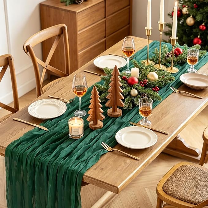 6Pcs Christmas Table Runner, 10FT Cheesecloth Emerald Green Table Runners - Image 3