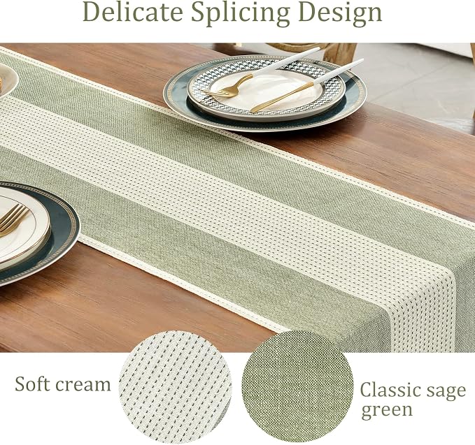Wracra Linen Table Runner, Stripe Table Runners 72 Inches Sage Green | Delicate - Image 2