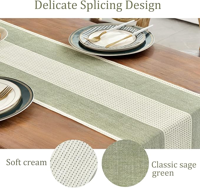 Wracra Linen Table Runner, Stripe Table Runners 108 Inches Sage Green | - Image 3
