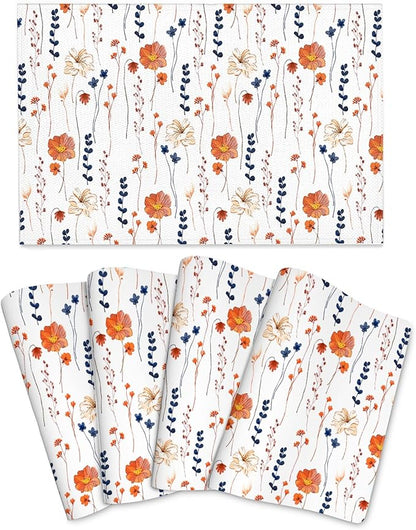 Watercolor Orange Floral Placemats Set of 4, Blue Orange Decorative Place Mats for Dining Tables Decor, Washable Linen Table Mats for Kitchen Spring Summer Outdoor Party Home Decor