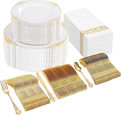 Ciaell 300PCS White and Gold Plastic Plates - Gold Disposable Dinnerware Sets for 50 Guests - 100 Plates, 50 Knives, 50 Forks, 50 Spoons, and 50 Napkins for Wedding, Anniversary, Party