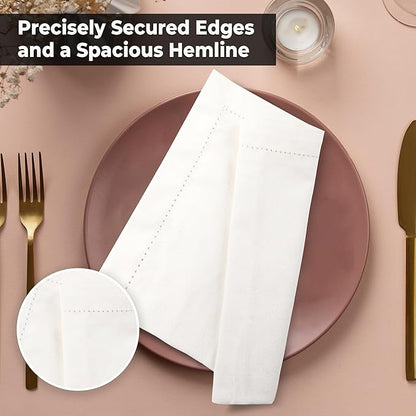 Urban Villa Cloth Napkins Ivory Hemstitch Dinner Napkins Set of 12 (20X20) 100% Cotton Absorbent Washable Durable Reusable Ideal for Hotel Collection Farmhouse Parties Restaurant Lunch Dinner Napkins
