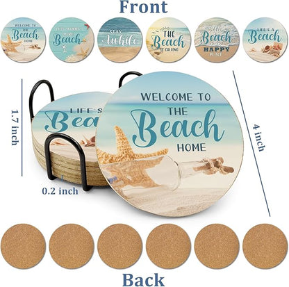 Beach Coastal & Ocean Sea Tropical Theme Cork Coasters for Drinks, Kitchen Decor and Gifts for Beach House and Home Beach Bar-Coasters for Wooden Table-Set of 6 with Holder