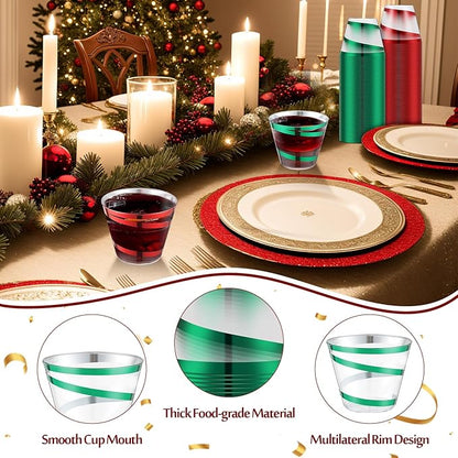 Gejoy 9 oz Rimmed Swirl Plastic Cups Disposable Wine Drinking Cups Clear Elegant Halloween Tumblers for Christmas Party Supplies(Red, Green,100 Pcs)
