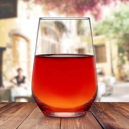 DISCOUNT PROMOS 10 Vaso Silicia Stemless Wine Glasses Set, 16 oz. - Clear, Orb-Like, Thick base - Red