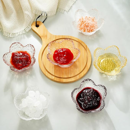 kanpura Mini Glass Bowls, Flower Shaped Prep Bowl, Dishwasher Safe, Pinch Bowls for Dipping Spices Sauce, Stackable, 1.5 oz, Set of 6, (Clear)