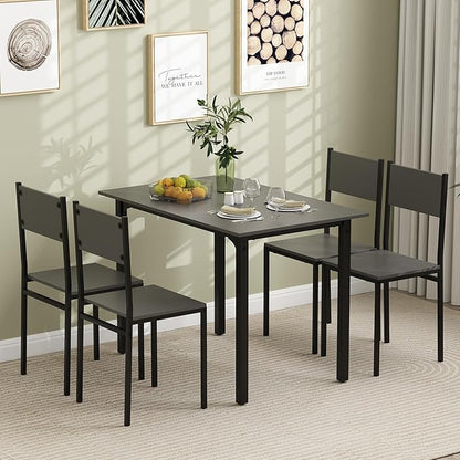 COSTWAY Dining Table Set for 4, Rectangular Kitchen Table and Chairs Set with Backrest, Metal Frame, Space-Saving Dinette Set, Breakfast Nook Table Set for Small Space, Apartment, Dorm (Grey)