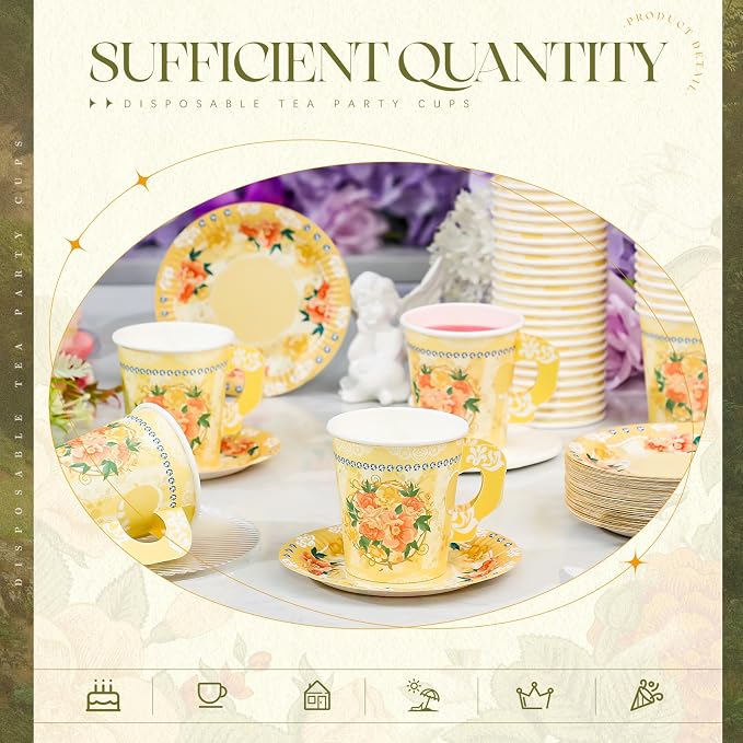 Nuogo 200 Pcs Floral Paper Tea Cups and Saucers 7 oz Disposable Paper Teacups - Image 4