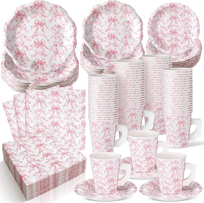 Pickmesh 252 Pcs Pink Bow Floral Tea Party Supplies by Pickmesh