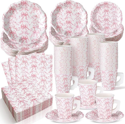 Pickmesh 252 Pcs Pink Bow Floral Tea Party Supplies by Pickmesh