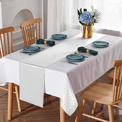 MASHAN 24Pack Disposable Plastic Tablecloths and Satin Table Runner Set White - Image 4