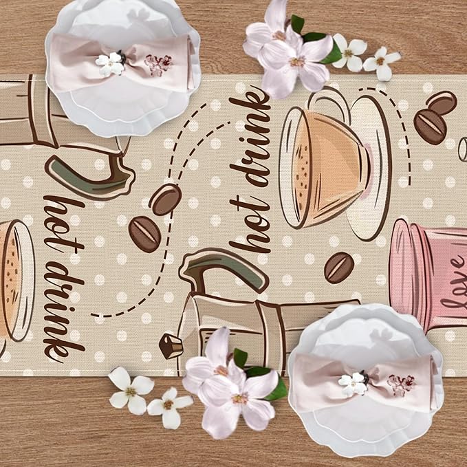Vintage Coffee Bar Utensil Dining Table Runner, Retro Coffee Bean Hot | Drink - Image 4