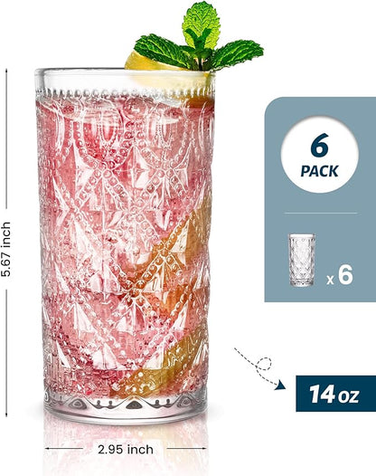 Vintage Diamond-Pattern Drinking Glasses Set of 6 – 14 oz Clear Highball Glass Cups – Embossed Retro Glassware for Water, Cocktails, Juice, Milk – Durable Thick Glass, Dishwasher Safe