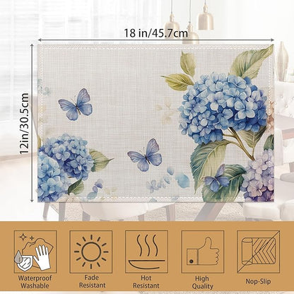 6 Pcs Placemats,Blue Hydrangea Placemat,Butterfly Floral Table Mats Washable Recyclable Table Placemats for Indoor Outdoor Heat Resistant Kitchen Dining 12"x18"