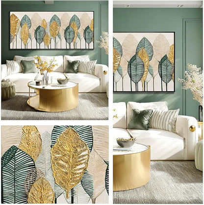 CHUDANHAO Green and Gold Wall Art Leaves Wall Decor Modern Canvas Painting 32"x70" Pictures for Dining Room Area Large Artwork for Living Room