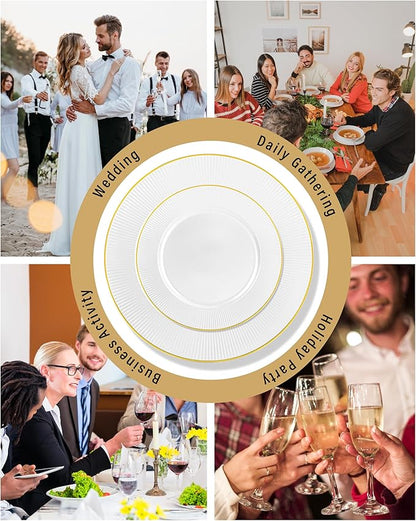 Hioasis 60pcs White and Gold Plastic Plates - White Disposable Dinnerware Set, 30pcs Dinner 10.25in & 30pcs Dessert 7.5in Plates with Striped Designs for Party & Wedding