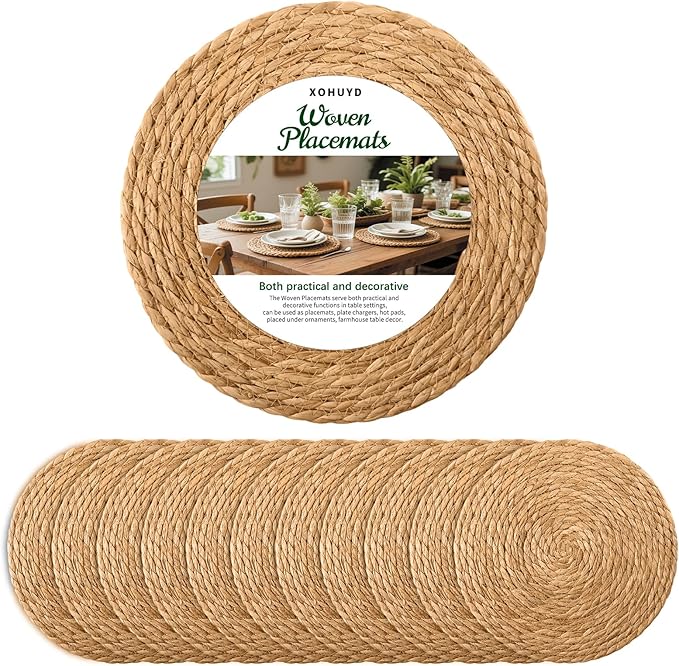 13 in Round Woven Placemats Plate Chargers Set of 12, Boho Farmhouse Rustic by XOHUYD